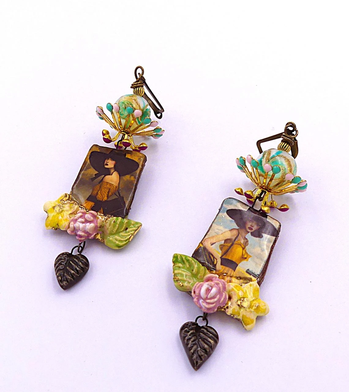 Magnifiques boucles d'oreilles céramique artisanale, perles verre